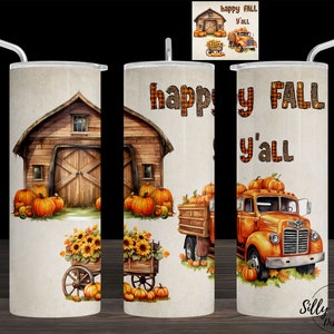 Happy Fall Yall Farm Truck Barn with Sunflowers Autumn Sublimation Skinny Straight Tumbler Design 20 oz. Full Wrap Template Digital Download