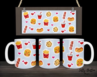 Kawaii Style Fast Food Hamburger, Fries, Drink, etc Sublimation Mug Design 11oz (or 12oz) and 15oz, Full Wrap Template, PNG Digital Download