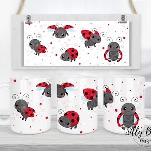 Ladybugs Red Black Cute Animals with Faces Sublimation Mug Design 11oz (or 12oz) and 15oz, Full Wrap Template, PNG Digital Download