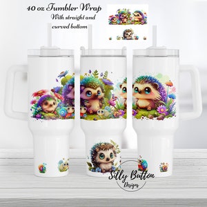 Hérisson et escargot mignons colorés 40 oz. Modèle complet de conception à sublimation pour gobelet à téléchargement numérique avec fond droit et incurvé
