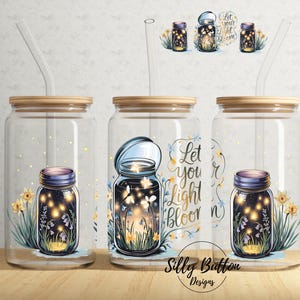 Laat je licht bloeien vuurvliegjes en bloemen in Mason Jars 16 oz Libbey Glass Can Tumbler sublimatie ontwerp volledige wrap sjabloon digitale download
