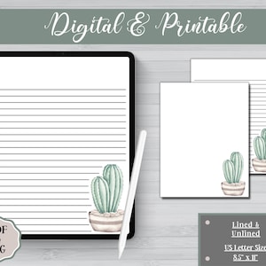 Botánico de cactus alto / Conjunto de papelería forrado y sin forro / PDF & JPG / Descarga digital imprimible / Notabilidad de iPad, compatible con GoodNotes