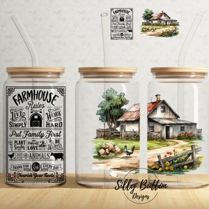 Farmhouse Rules Work Hard Thank God Farm Faith 16 oz Libbey Glass Can Tumbler Sublimation Design, Full Wrap Template PNG Digital Download