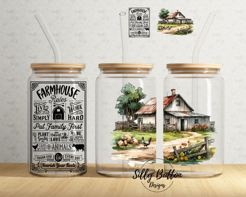 Farmhouse Rules Work Hard Thank God Farm Faith 16 oz Libbey Glass Can Tumbler Sublimation Design, Full Wrap Template PNG Digital Download