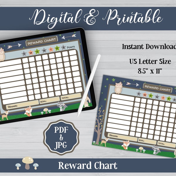 Woodland Animals Digital Printable Reward Chart / Weekly Kids Behavior / PDF & JPG, Instant Download / iPad Notability, GoodNotes Compatible