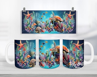 Sealife Sea Turtle Fish Saltwater Animals in Ocean Sublimation Mug Design 11oz (or 12oz) and 15oz, Full Wrap Template, PNG Digital Download