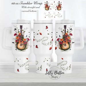 Gitaren Muzieknoten Vlinders en bloemen 40 oz. Tumbler Wrap Sublimatie Ontwerp Volledige sjabloon Digitale download Gebogen en rechte onderkant