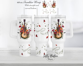 Guitars Music Notes Butterflies and Flowers 40 oz. Tumbler Wrap Sublimation Design Full Template Digital Download Curved & Straight Bottom