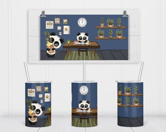Pandas in the Kitchen w Chickens Mom Baby Sublimation Straight Sippy Cup Tumbler Design, 12 oz. Kid's Full Wrap Template, Digital Download