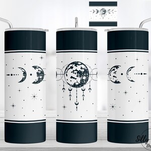Gobelet droit fin à sublimation bleu foncé, ciel céleste, phases de la lune, 20 oz. Modèle d'emballage complet, téléchargement numérique