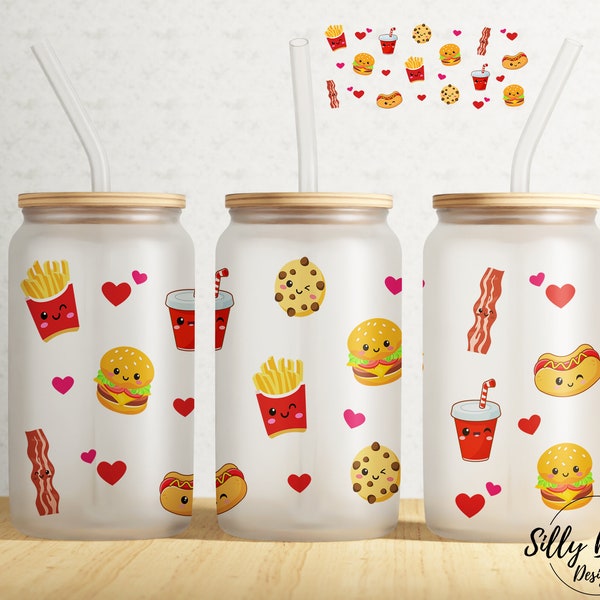 Kawaii Style Fast Food 16 oz Libbey Glass Can Tumbler Sublimation Design, Transparent Full Wrap Template PNG Printable Digital Download