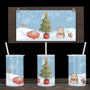 Jeże Boże Narodzenie Styl kreskówki Ptaki Sublimacja Prosty kubek niekapek Tumbler Design 12 oz. Dziecięcy pełny owinięty PNG Szablon do pobrania cyfrowego