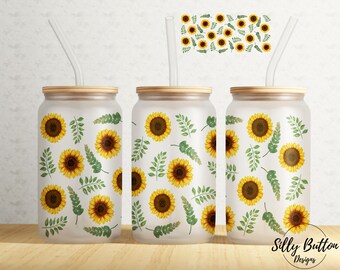 Sunflowers Collage Floral Spring & Summer 16 oz Libbey Glass Can Tumbler Sublimation Design, Full Wrap Template PNG Digital Download
