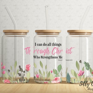 May include: Three glass jars with wooden lids and straws. Each jar has a floral design and a quote: "I can do all things through Christ who strengthens me."  Philippians 4:13