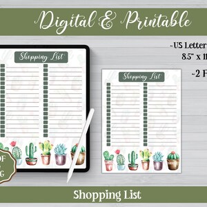 Lista de verificación de compras con cactus imprimible y digital / PDF y JPG / Descarga instantánea / Notabilidad de iPad, compatible con GoodNotes