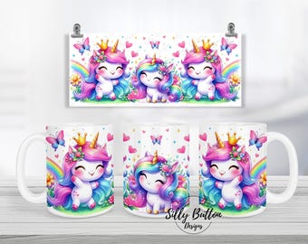 Kawaii Unicorns with Rainbows and Butterflies Sublimation Mug Design, 11oz (or 12oz.) and 15oz, Full Wrap Mug Template, Digital Download