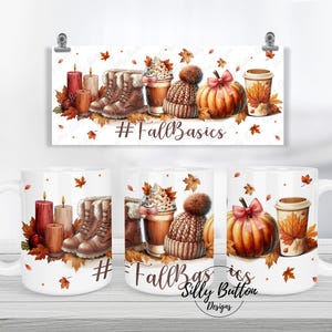 Peut inclure: Mug en céramique blanche avec un motif sur le thème de l'automne. La tasse présente des illustrations de bottes, de bougies, d'une citrouille, d'un gobelet à café et d'un bonnet. Le texte "#FallBasics" est imprimé sur la tasse.