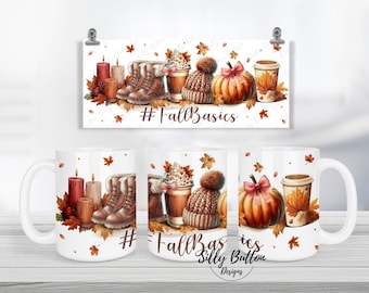 Fall Basics Coffee Lattes Boots and Pumpkins Sublimation Mug Design, 11oz (or 12oz) & 15oz, Full Wrap Template, PNG Instant Digital Download