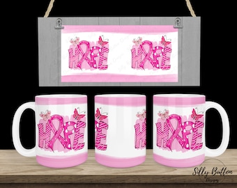 Breast Cancer Pink Ribbon HOPE Sublimation Mug Design, 15 oz PNG File, Full Wrap Template, Cup Digital Download