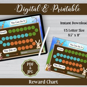 Puede incluir: Gráfico de recompensas imprimible con un tema de bosque con un mapache, un ciervo y un conejo. El gráfico tiene un esquema de color azul, verde y naranja e incluye el texto "You Can Do It", "You Did It!" y "Reward". El gráfico mide 8,5 pulgadas por 11 pulgadas.
