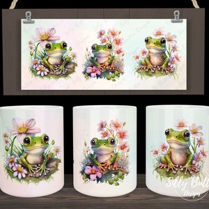 3 grenouilles avec fleurs printemps animaux amphibiens Sublimation Mug Design, 11 oz (ou 12 oz) et 15 oz, modèle de tasse wrap complet, téléchargement numérique PNG