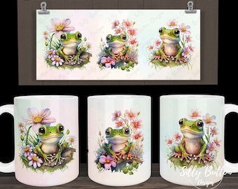 3 Frogs with Flowers Spring Animal Amphibian Sublimation Mug Design, 11oz (or 12oz) and 15oz, Full Wrap Mug Template, PNG Digital Download