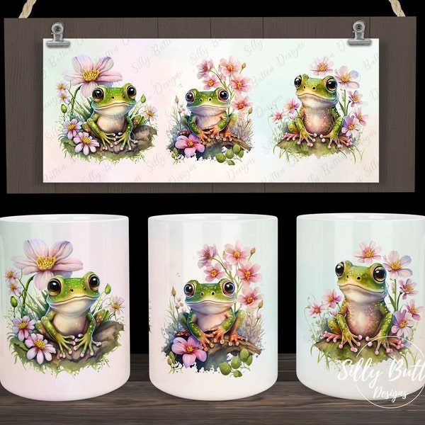 3 Frogs with Flowers Spring Animal Amphibian Sublimation Mug Design, 11oz (or 12oz) and 15oz, Full Wrap Mug Template, PNG Digital Download