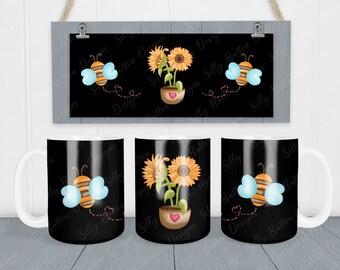 Sunflowers and Bees Sublimation Mug Design, 11oz (or 12oz.) and 15oz PNG & JPG Files, Full Wrap Mug Template, Digital Instant Download.