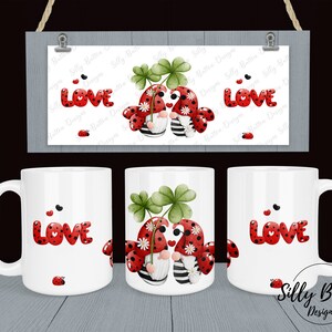 Design della tazza per sublimazione dell'amore bianco e rosso di San Valentino, gnomo coccinella, 11 once (o 12 once) e 15 once, modello di tazza a avvolgimento completo, download digitale