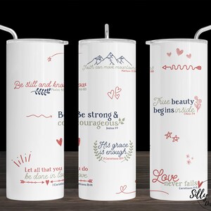 Inspirerend geloof Bijbelvers Collage Love God Sublimatie Skinny Straight Tumbler Design, 20 oz. Volledige wrap-sjabloon, digitale download