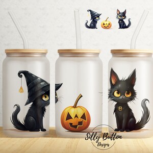 Halloween 2 chats noirs avec citrouille automne automne 16 oz Libbey Glass Can Tumbler Sublimation Design modèle d'emballage complet, téléchargement numérique PNG