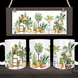 Plantas en macetas Decoración del hogar Plantas de interior Diseño de taza de sublimación, 11 oz (o 12 oz.) y 15 oz, plantilla de envoltura completa, descarga digital PNG