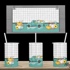 Teal Blue Vintage Truck Pumpkins Plaid Grey Sublimación Taza recta para sorber Diseño de vaso 12 oz. Descarga digital de la plantilla de envoltura completa para niños