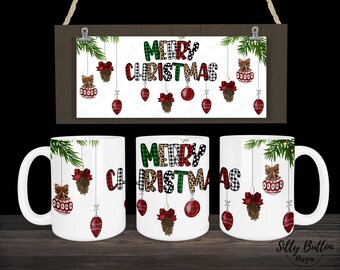 Feliz Navidad adornos colgantes Piñas Diseño de taza de sublimación 11 oz (o 12 oz) y 15 oz, plantilla de envoltura completa, descarga digital PNG