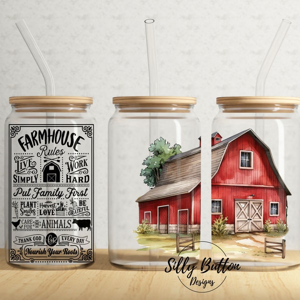 Farmhouse Rules Red Barn Work Hard Thank God 16 oz Libbey Glass Wrap Can Tumbler Sublimation Design Full Wrap Template PNG Digital Download