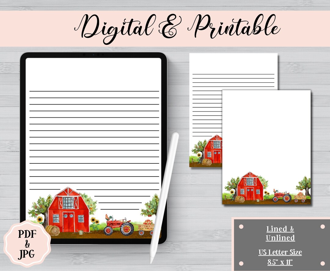 Barn Ritor Papper Farm Barn, Rooster, Tractor, Lined, Unlined Stationery Set, PDF & JPG ...