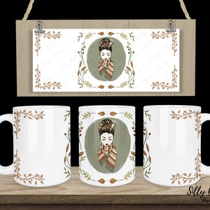 Automne fille femme en écharpe avec feuilles automne sublimation Mug, 11 oz (ou 12 oz) et 15 oz, modèle de tasse enveloppante, téléchargement numérique