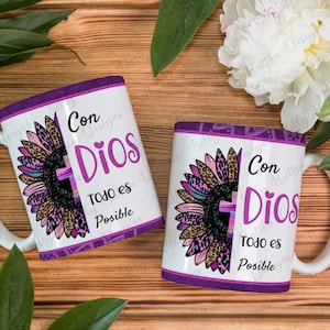 Con Dios Todo Es Posible Morado Girasol Diseño de Taza de Sublimación, 11oz (or 12oz) & 15oz Plantilla de envoltura completa Diseño Digital