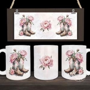 Cowgirl Boots and Pink Flowers Cowboy Country Western Sublimation Mug Design, 11oz (or 12oz) & 15oz, Full Wrap Template PNG Digital Download