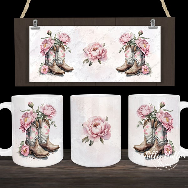 Cowgirl Boots and Pink Flowers Cowboy Country Western Sublimation Mug Design, 11oz (or 12oz) & 15oz, Full Wrap Template PNG Digital Download