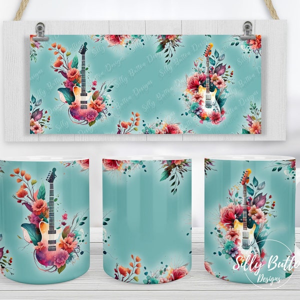 Guitars with Flowers Music Teal Turquoise Sublimation Mug Design, 11oz (or 12oz.) and 15oz, Full Wrap Mug Template, Digital Download