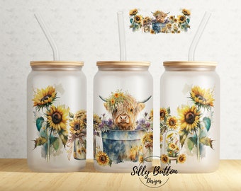 Baby Highland Cow in Bucket with Sunflowers Farm 16 oz Libbey Glass Can Tumbler Sublimation Design, Full Wrap Template PNG Digital Download