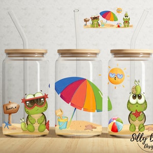 Cute Turtles at the Beach Summer time 16 oz Libbey Glass Can Tumbler Sublimation Design Full Wrap Template, PNG Digital Download