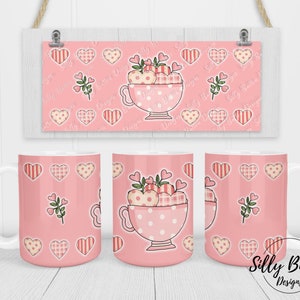 Coral Pink Herzen in einem Cup Sublimationsbecher Design, 11 Unzen (oder 12 Unzen) & 15 Unzen, Full Wrap Vorlage, PNG Digital Download