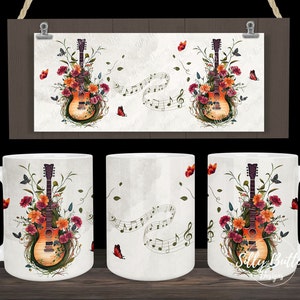 Gitaren met muzieknoten, bloemen en vlinders sublimatie mok ontwerp 11oz (of 12oz) en 15oz, volledige wrap sjabloon, digitale download
