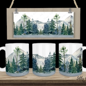 May include: Three white ceramic mugs with a watercolor design of a snowy mountain range with evergreen trees. The design is repeated on each mug.