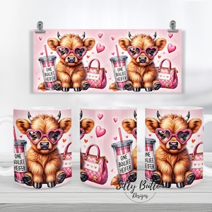Highland Cow One Boujee vaars roze met drank portemonnee sublimatie mok ontwerp 11oz (of 12oz) en 15oz volledige wrap sjabloon, PNG digitale download