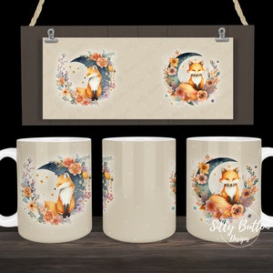 Renard sur la lune avec fleurs sublimées crème beige céleste, modèle de tasse 11 oz (ou 12 oz) et 15 oz, téléchargement numérique