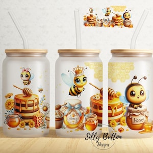 Kawaii Bees with Honey Spring Cute Animals 16 oz Libbey Glass Can Tumbler Sublimation Design Full Wrap Template, PNG Digital Download
