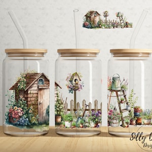 Abri de jardin fleurs printanières échelle plantes printemps 16 oz Libbey Glass Can Tumbler Sublimation Design modèle d'emballage complet, téléchargement numérique